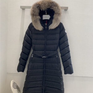 moncler fur collar hooded mid length down jacket