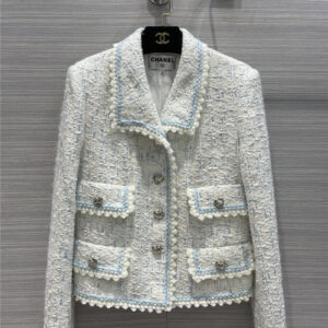 chanel blue floral woven tweed coat
