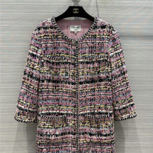 chanel long woven tweed coat