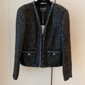 chanel black cotton twill sequined tweed coat