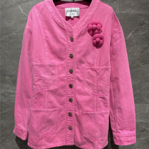 chanel pink camellia brooch denim jacket