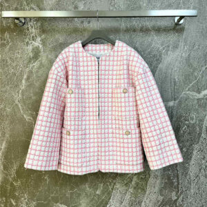 chanel pink and white check coat