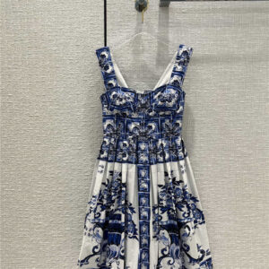 dolce & gabbana d&g blue print strapless dress