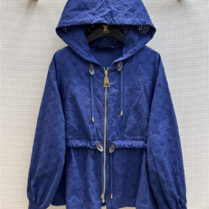 louis vuitton lv blue logo embroidered hooded zip coat