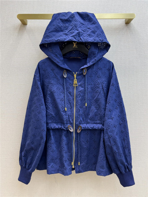 louis vuitton lv blue logo embroidered hooded zip coat