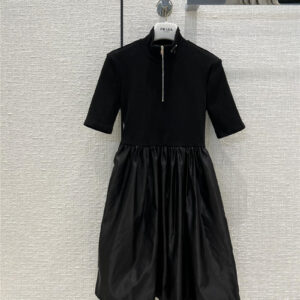 prada zip stand collar knitted panel nylon dress