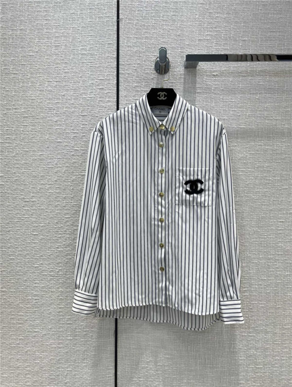 chanel pocket embroidered logo stripe shirt