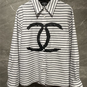 chanel logo black and white striped shirt