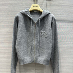 miumiu lettering logo wool hooded zip coat