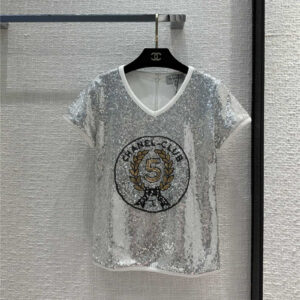 chanel silver sequin badge small top
