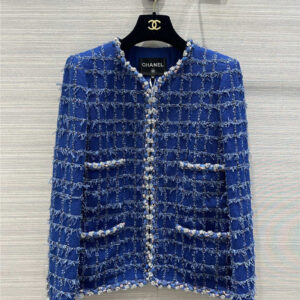 Chanel tweed blue check coat