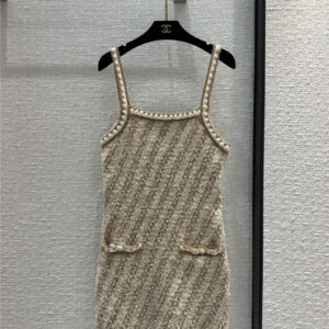Chanel twill striped tweed knitted dress with straps