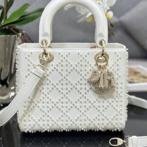 Lady Dior five-frame embroidered white pearl bag