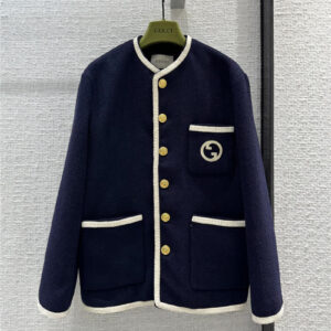 gucci embroidered gold buckle blue tweed jacket