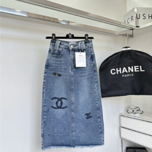 chanel logo high waist denim skirt
