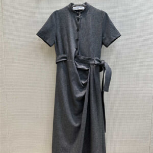 Dior high-end gray small stand collar pleated dress