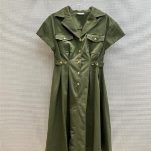celine army green lapel collar button down pleated shirt dress