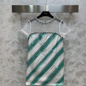 Chanel mesh stitching sequin striped dress