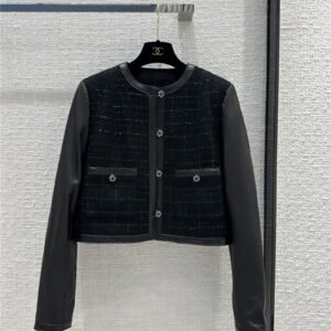 Chanel bright silk plaid black wool leather sleeve jacket coat