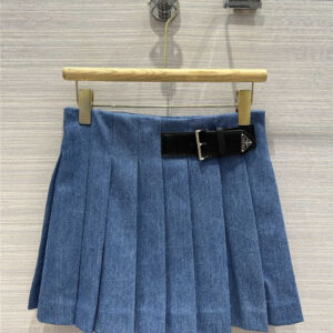 prada women's group wind press pleated denim skirt