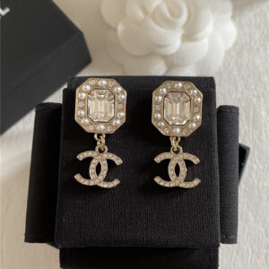 Chanel octagonal crystal pendant double C earrings