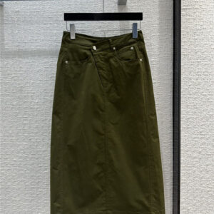 loewe army green irregular waist casual midi skirt