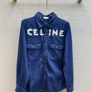 celine denim shirt with three-dimensional letter logo on the chest