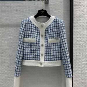 chanel blue and white woven plaid tweed jacket