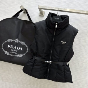 prada stylish triangle bag belt decorated hooded vest down jacket