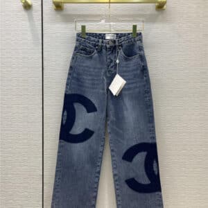chanel logo print high-rise straight-leg jeans