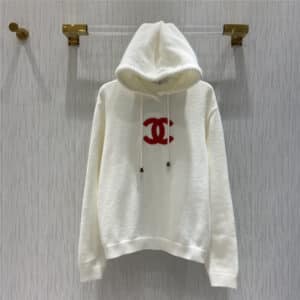 chanel red logo hooded cardigan