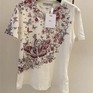 Dior new red and white rose butterfly print short sleeves