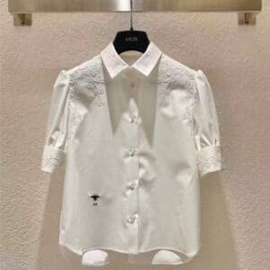 Dior puff sleeve vintage flower embroidery white shirt