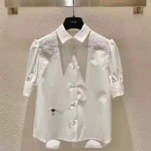 Dior puff sleeve vintage flower embroidery white shirt