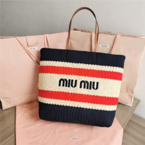 miumiu straw woven cotton tote bag