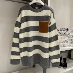 loewe round neck striped leather logo sweater
