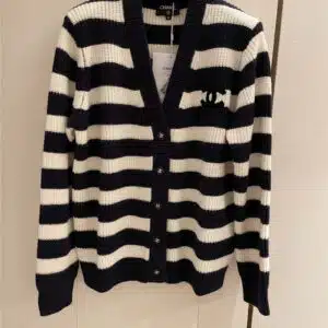 Chanel logo blue and white striped cardigan