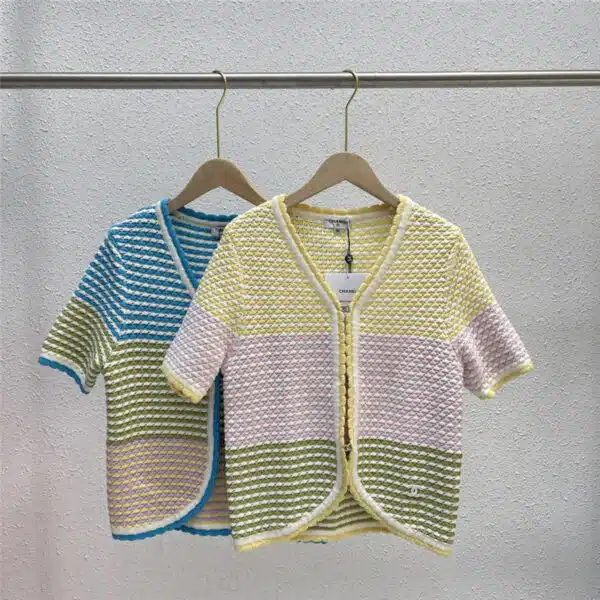 Chanel macaron color stripe contrast color knitted cardigan