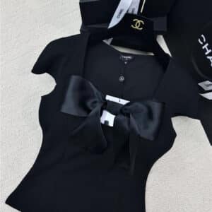 Chanel black bow satin short sleeve
