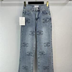 Chanel embroidered CC logo high waist wide leg jeans