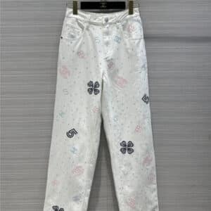 Chanel heavy craft camellia hollow embroidery jeans