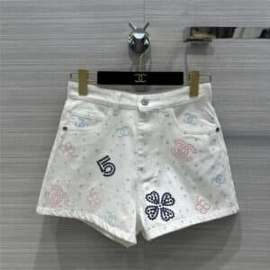 Chanel camellia hollow embroidery denim shorts