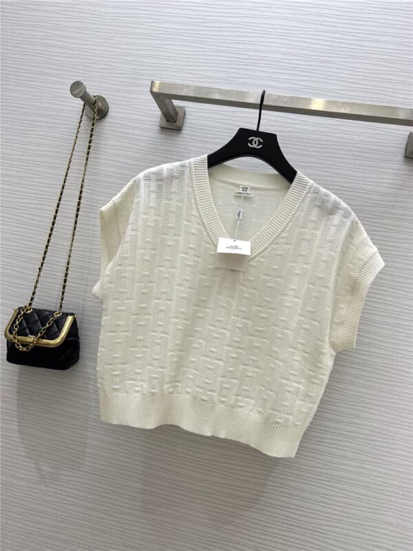 Hermès ribbed V-neck H pattern wool short-sleeved top