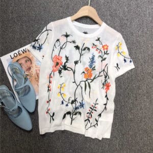 dior heavy floral embroidery knitted short sleeves