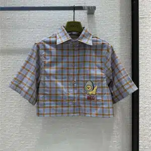 gucci avocado puppy embroidered check short-sleeved shirt