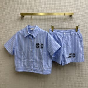 miumiu striped shirt + rhinestone striped shorts set