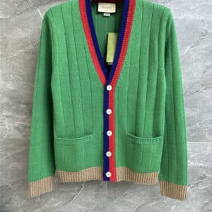 gucci green V-neck ribbed knit cardigan