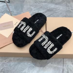 miumiu diamond buckle wool slippers