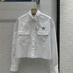 miumiu utility style pocket raw edge cropped shirt