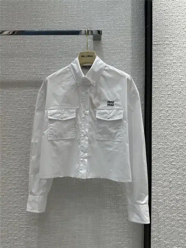 miumiu utility style pocket raw edge cropped shirt